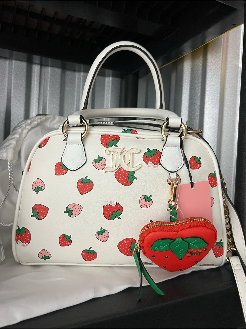 Juicy Couture White Strawberry Print Satchel with Red Charm